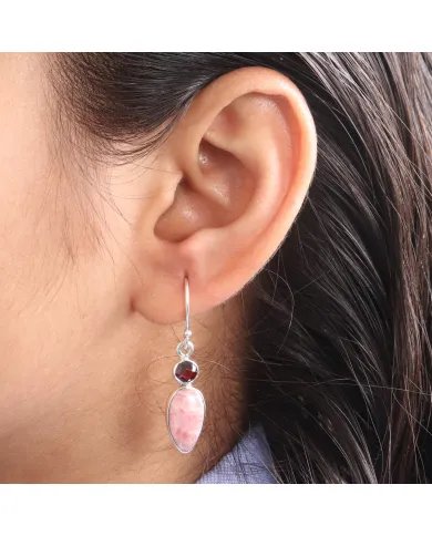 Rhodochrosite & Garnet Drop Earrings - 925 Sterling Silver Jewelry