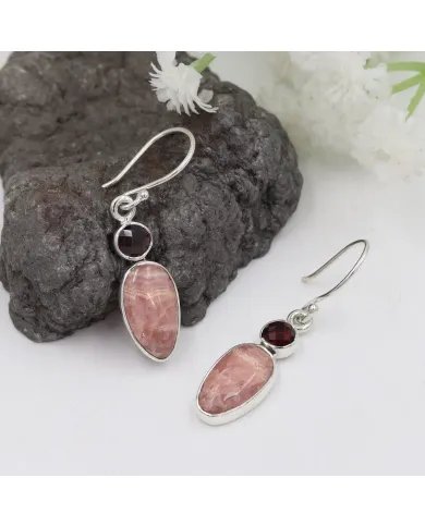 Rhodochrosite & Garnet Drop Earrings - 925 Sterling Silver Jewelry