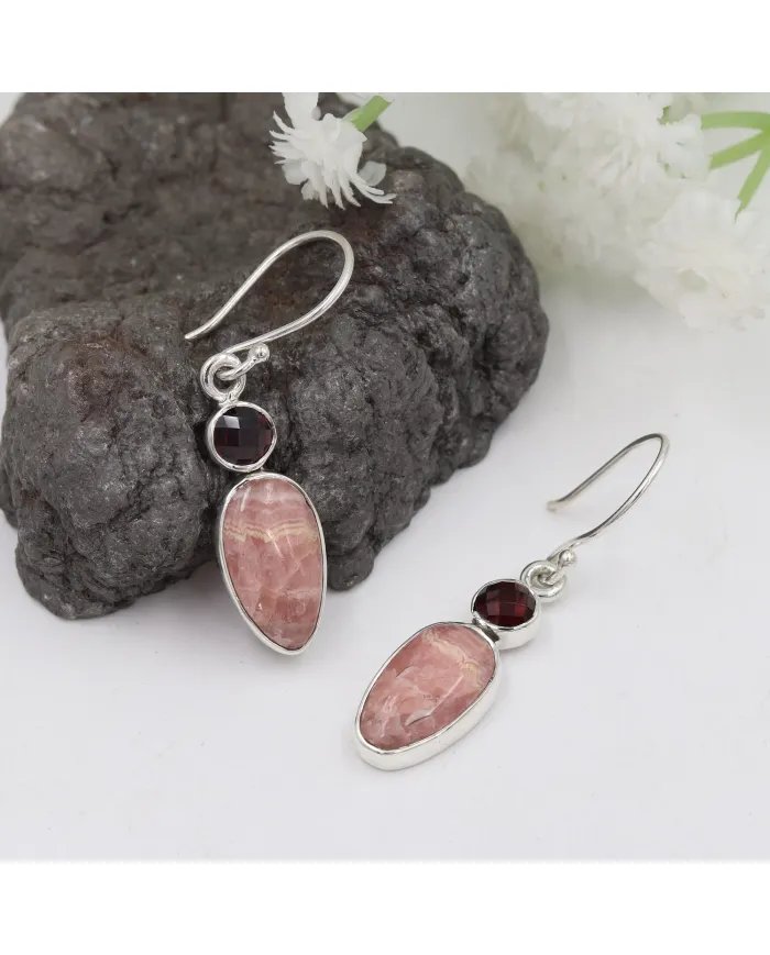Rhodochrosite & Garnet Drop Earrings - 925 Sterling Silver Jewelry