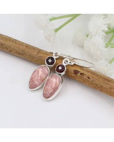 Rhodochrosite & Garnet Drop Earrings - 925 Sterling Silver Jewelry