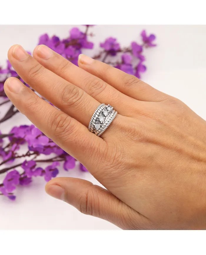 Swarovski Crystal Ring - 925 Sterling Silver Textured Band Jewelry