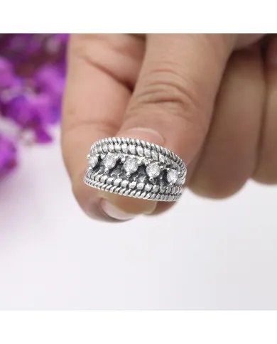 Swarovski Crystal Ring - 925 Sterling Silver Textured Band Jewelry