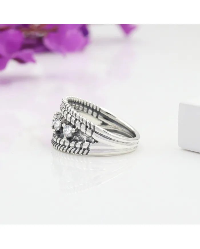 Swarovski Crystal Ring - 925 Sterling Silver Textured Band Jewelry