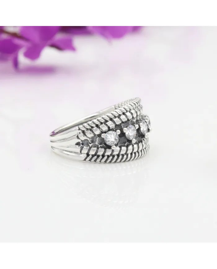 Swarovski Crystal Ring - 925 Sterling Silver Textured Band Jewelry