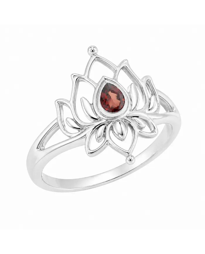 Garnet Lotus Ring - 925 Sterling Silver Handmade Red Gemstone Jewelry