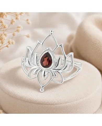 Garnet Lotus Ring - 925 Sterling Silver Handmade Red Gemstone Jewelry