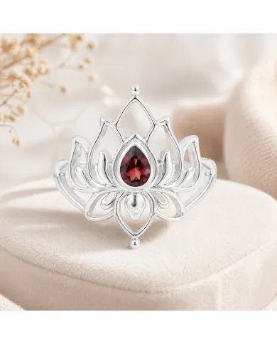 Garnet Lotus Ring - 925 Sterling Silver Handmade Red Gemstone Jewelry