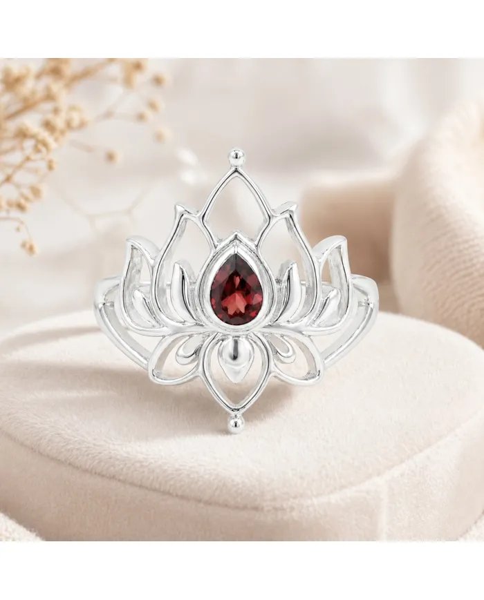Garnet Lotus Ring - 925 Sterling Silver Handmade Red Gemstone Jewelry