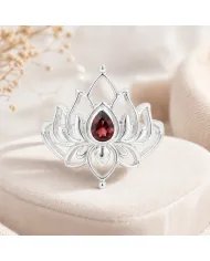 Garnet Lotus Ring - 925 Sterling Silver Handmade Red Gemstone Jewelry