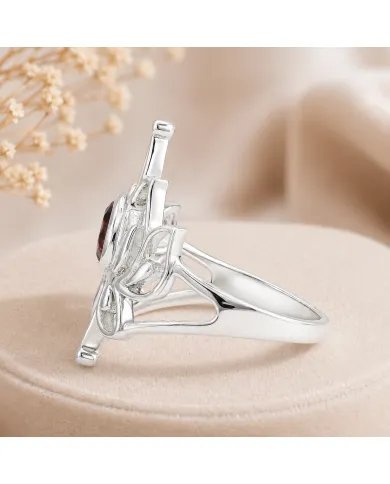 Garnet Lotus Ring - 925 Sterling Silver Handmade Red Gemstone Jewelry