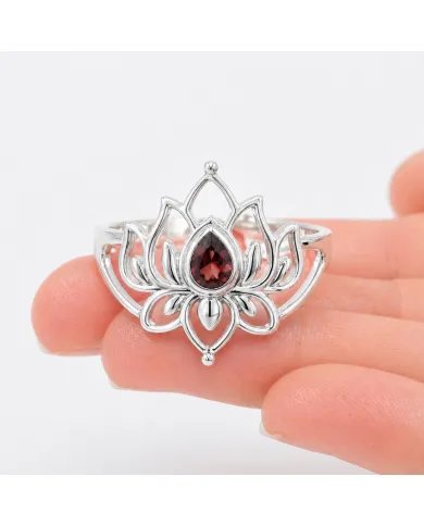 Garnet Lotus Ring - 925 Sterling Silver Handmade Red Gemstone Jewelry