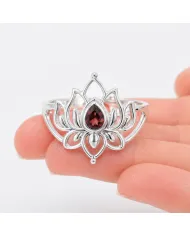 Garnet Lotus Ring - 925 Sterling Silver Handmade Red Gemstone Jewelry