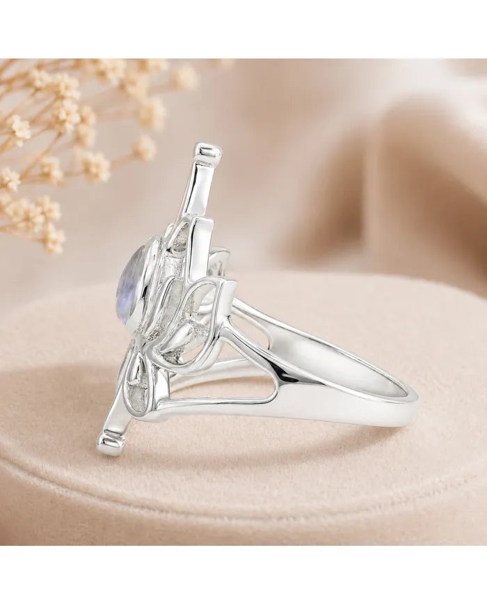 Rainbow Moonstone Lotus Ring - 925 Sterling Silver Handmade Jewelry