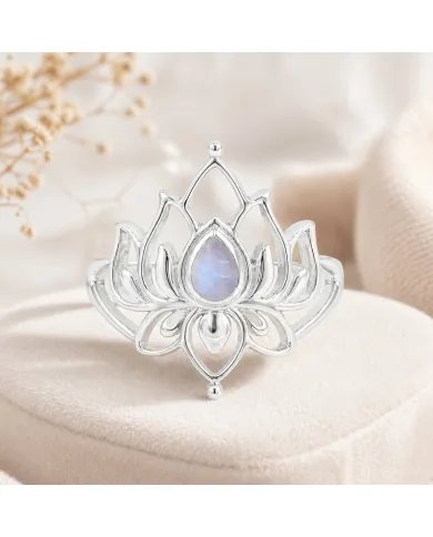 Rainbow Moonstone Lotus Ring - 925 Sterling Silver Handmade Jewelry