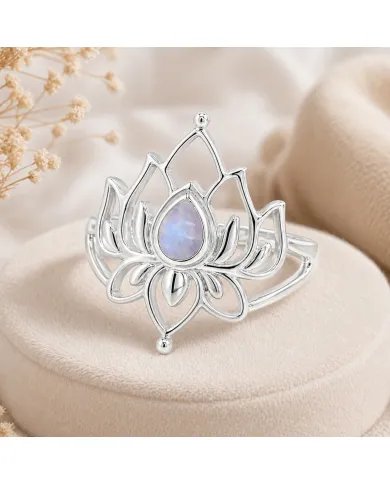 Rainbow Moonstone Lotus Ring - 925 Sterling Silver Handmade Jewelry