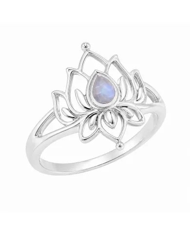 Rainbow Moonstone Lotus Ring - 925 Sterling Silver Handmade Jewelry