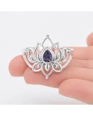 Iolite Lotus Ring - 925 Sterling Silver Handmade Gemstone Jewelry for Her