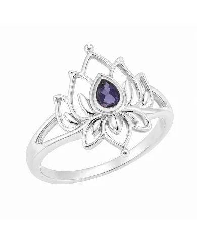Iolite Lotus Ring - 925 Sterling Silver Handmade Gemstone Jewelry for Her