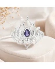 Iolite Lotus Ring - 925 Sterling Silver Handmade Gemstone Jewelry for Her