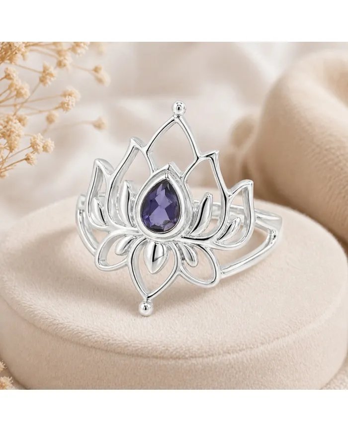 Iolite Lotus Ring - 925 Sterling Silver Handmade Gemstone Jewelry for Her