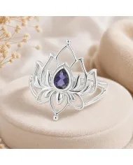 Iolite Lotus Ring - 925 Sterling Silver Handmade Gemstone Jewelry for Her