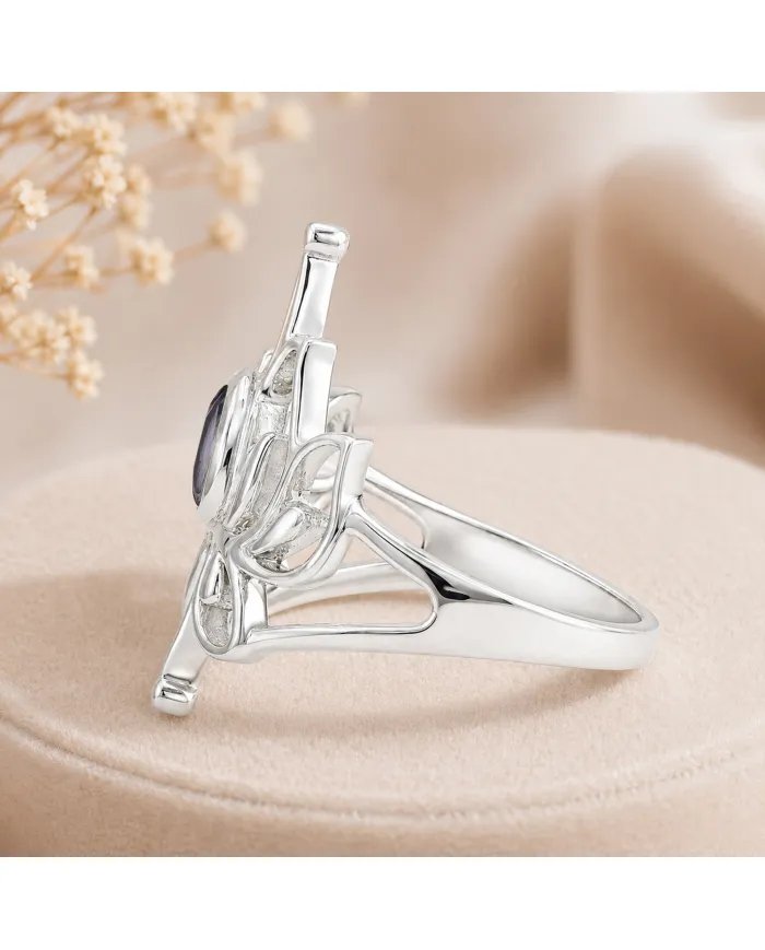 Iolite Lotus Ring - 925 Sterling Silver Handmade Gemstone Jewelry for Her