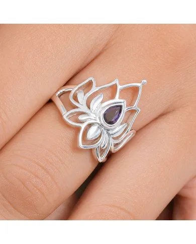 Iolite Lotus Ring - 925 Sterling Silver Handmade Gemstone Jewelry for Her