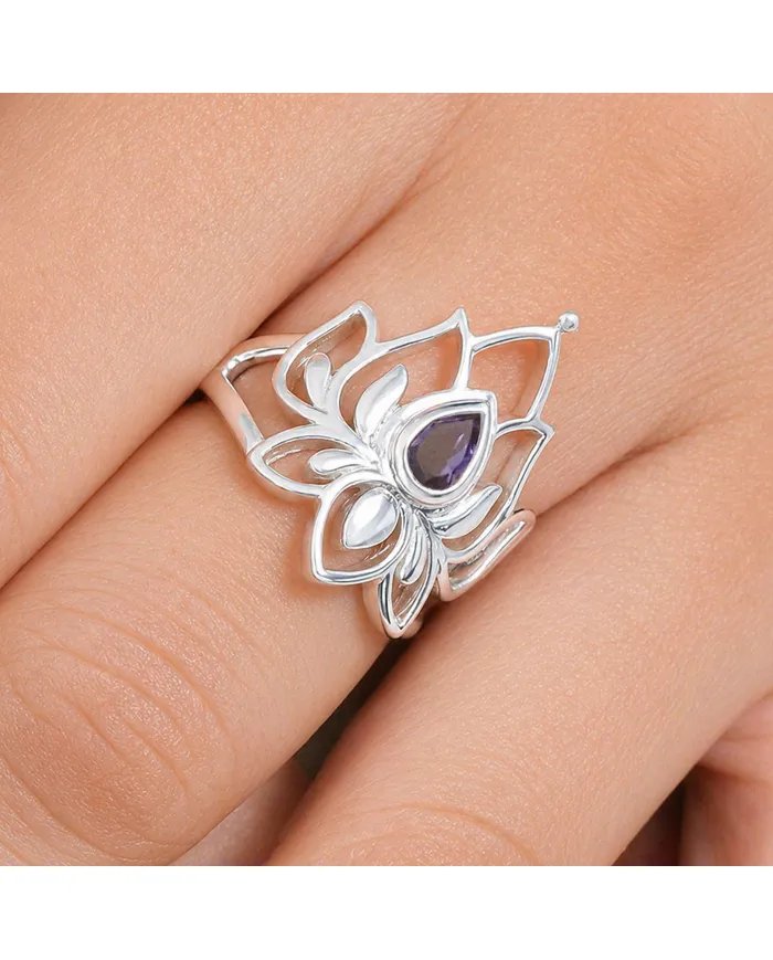 Iolite Lotus Ring - 925 Sterling Silver Handmade Gemstone Jewelry for Her