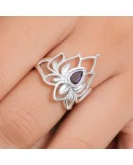 Iolite Lotus Ring - 925 Sterling Silver Handmade Gemstone Jewelry for Her