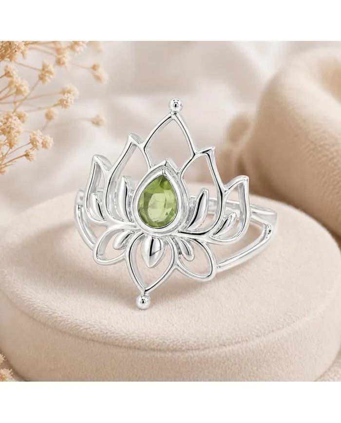 Peridot Lotus Ring - 925 Sterling Silver Handmade Gemstone Jewelry