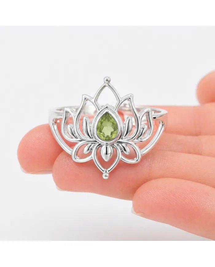 Peridot Lotus Ring - 925 Sterling Silver Handmade Gemstone Jewelry