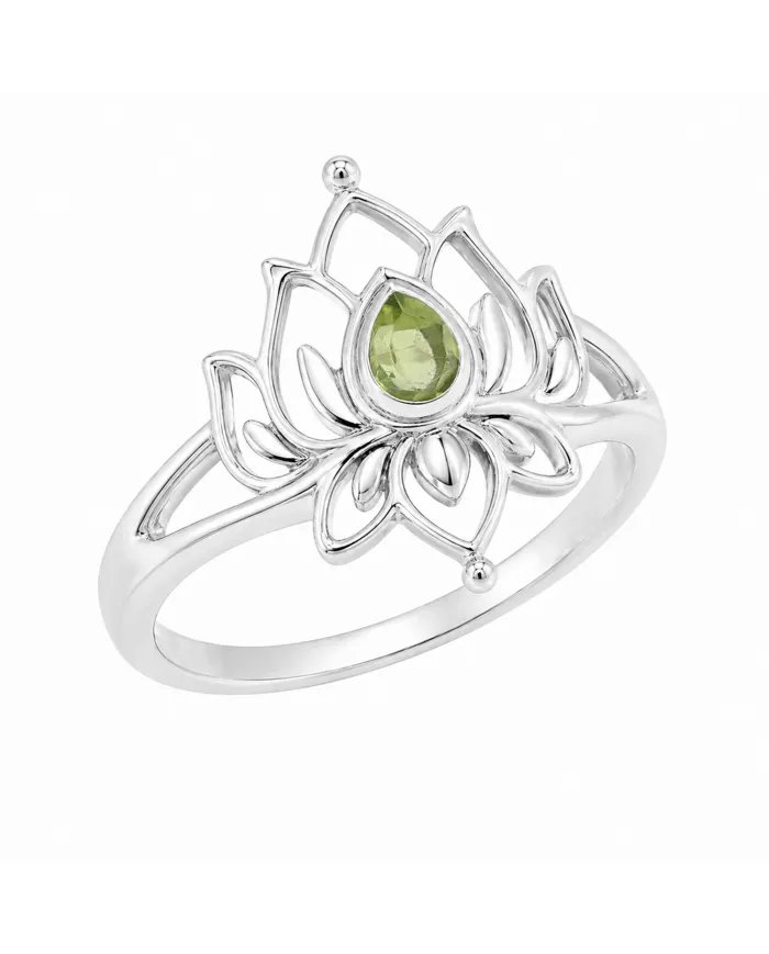 Peridot Lotus Ring - 925 Sterling Silver Handmade Gemstone Jewelry