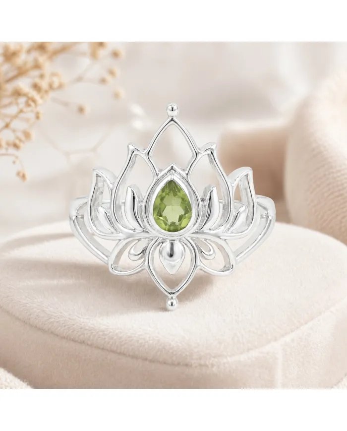 Peridot Lotus Ring - 925 Sterling Silver Handmade Gemstone Jewelry