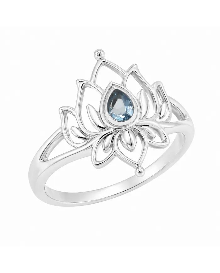 Swiss Blue Topaz Lotus Ring - 925 Sterling Silver Handmade Jewelry