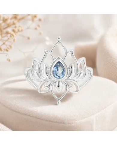 Swiss Blue Topaz Lotus Ring - 925 Sterling Silver Handmade Jewelry