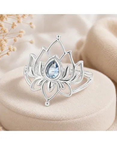 Swiss Blue Topaz Lotus Ring - 925 Sterling Silver Handmade Jewelry