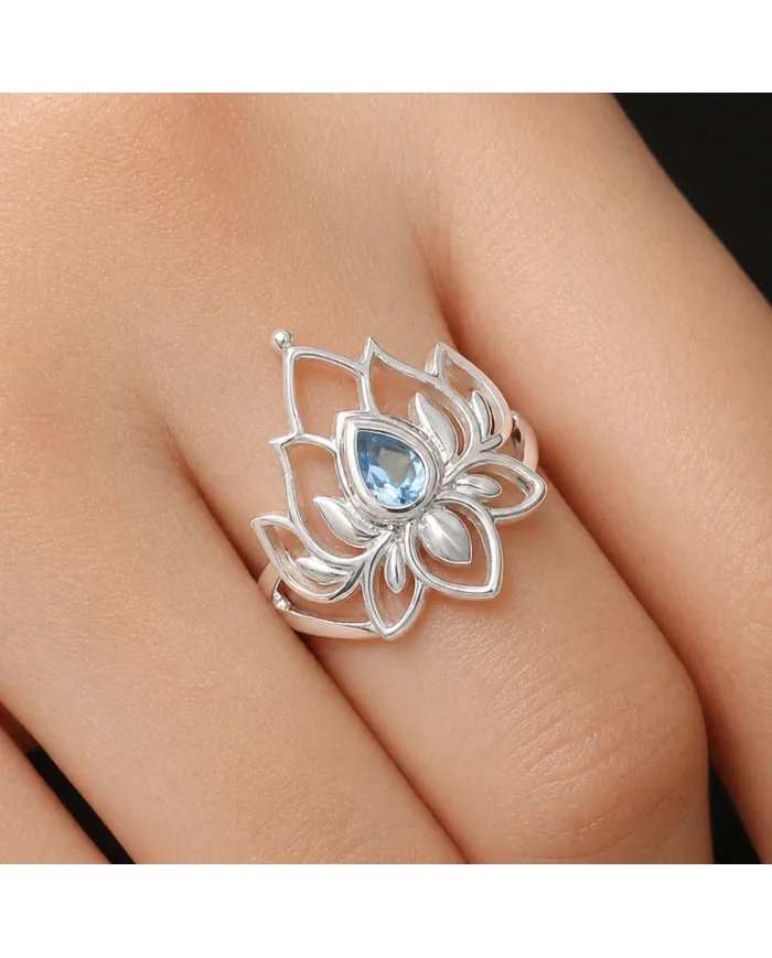 Swiss Blue Topaz Lotus Ring - 925 Sterling Silver Handmade Jewelry