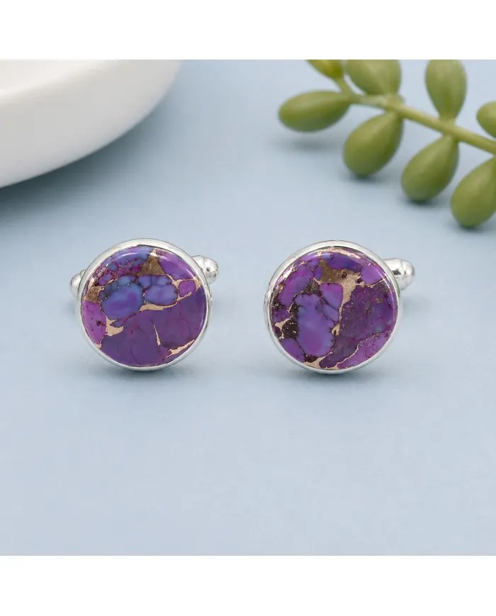 Purple Copper Turquoise Cufflinks - 925 Sterling Silver Men's Accessories