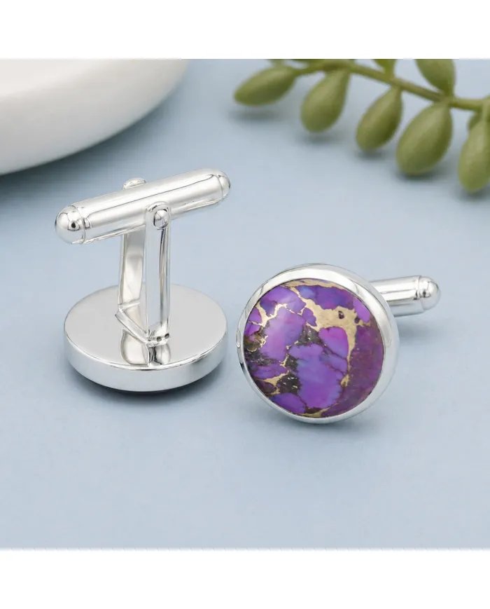 Purple Copper Turquoise Cufflinks - 925 Sterling Silver Men's Accessories