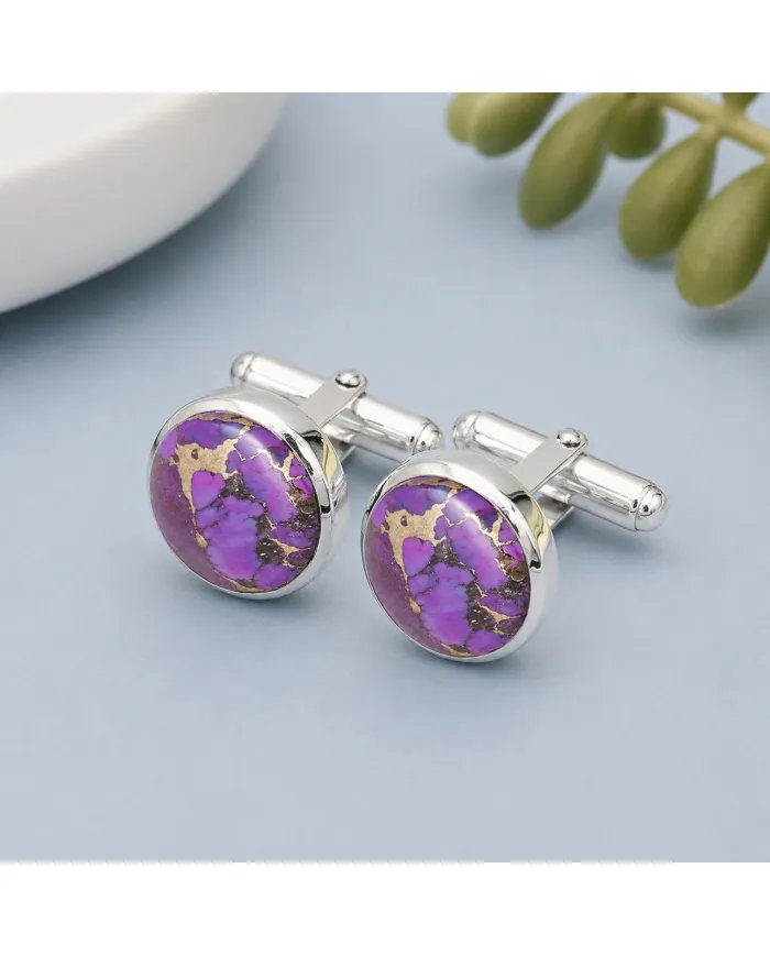 Purple Copper Turquoise Cufflinks - 925 Sterling Silver Men's Accessories