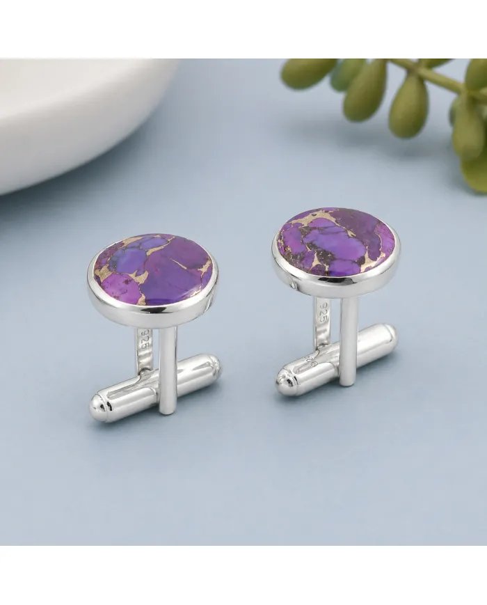 Purple Copper Turquoise Cufflinks - 925 Sterling Silver Men's Accessories