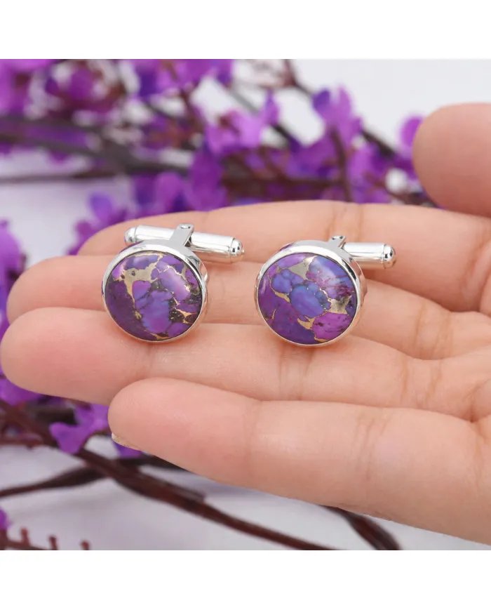 Purple Copper Turquoise Cufflinks - 925 Sterling Silver Men's Accessories