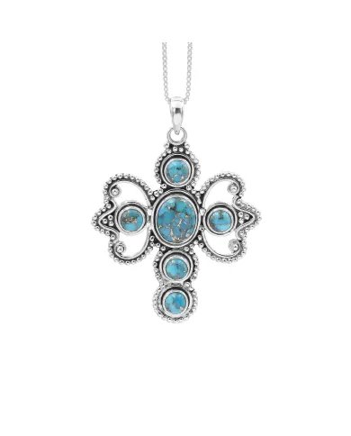 Blue Copper Turquoise Cross Pendant – 925 Sterling Silver Handmade Jewelry
