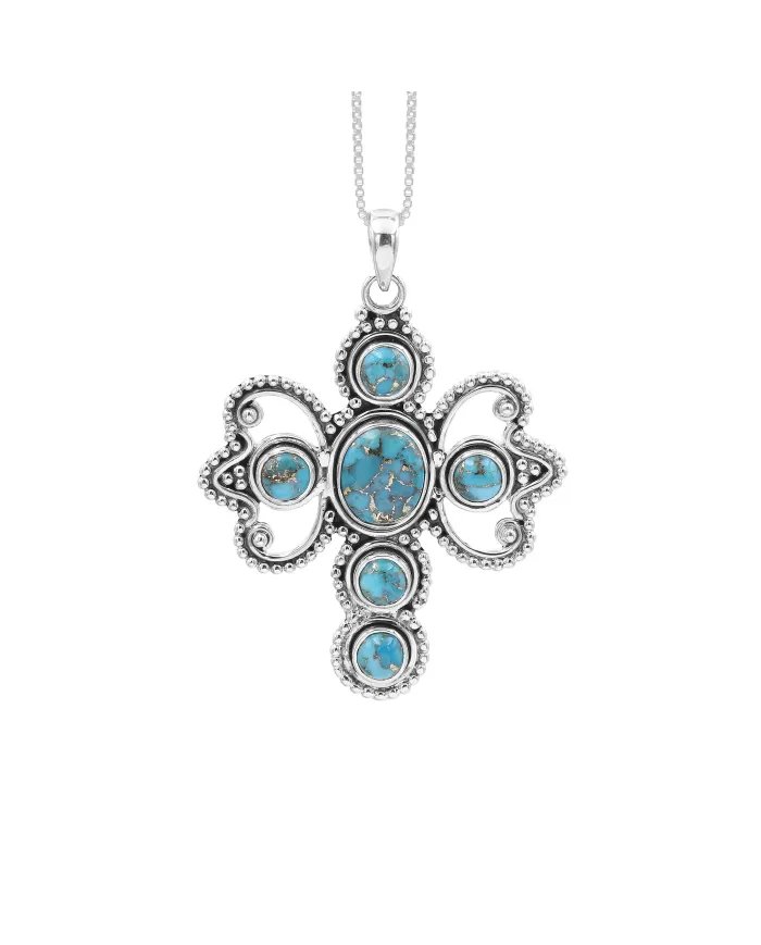 Blue Copper Turquoise Cross Pendant – 925 Sterling Silver Handmade Jewelry