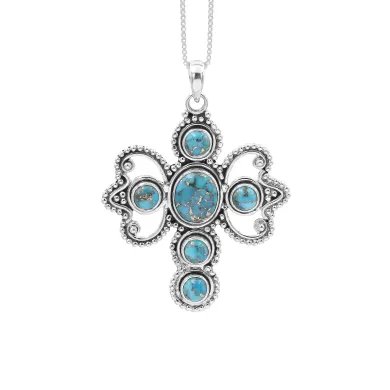 Blue Copper Turquoise Cross Pendant – 925 Sterling Silver Handmade Jewelry