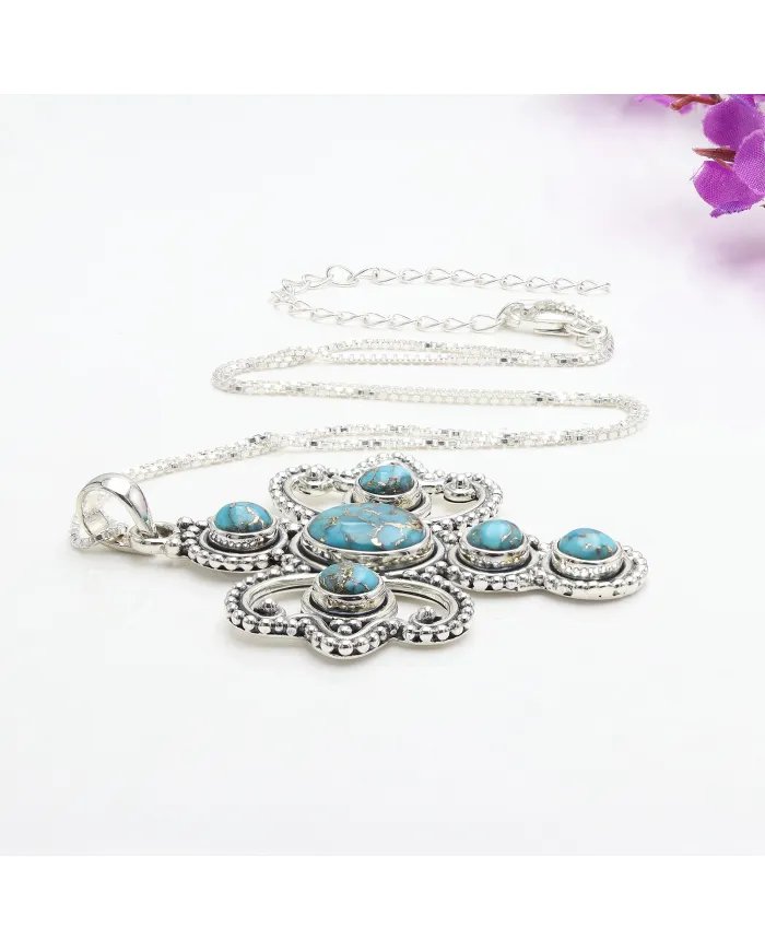 Blue Copper Turquoise Cross Pendant – 925 Sterling Silver Handmade Jewelry