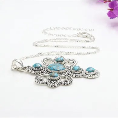 Blue Copper Turquoise Cross Pendant – 925 Sterling Silver Handmade Jewelry