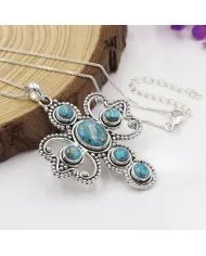 Blue Copper Turquoise Cross Pendant – 925 Sterling Silver Handmade Jewelry
