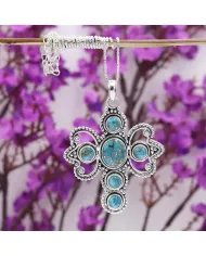 Blue Copper Turquoise Cross Pendant – 925 Sterling Silver Handmade Jewelry