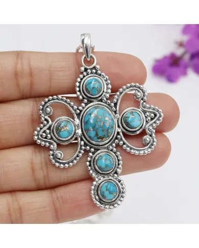 925 Sterling Silver Blue Copper Turquoise Cross Pendant Necklace